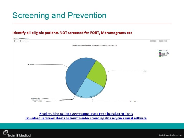 Screening and Prevention Identify all eligible patients NOT screened for FOBT, Mammograms etc Read