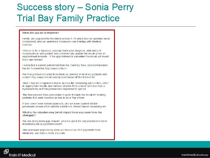 Success story – Sonia Perry Trial Bay Family Practice 