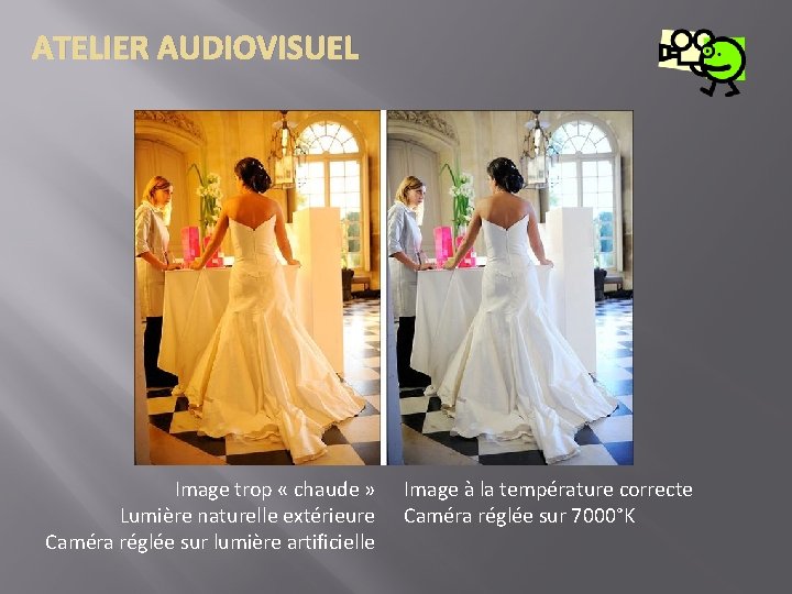 ATELIER AUDIOVISUEL Image trop « chaude » Lumière naturelle extérieure Caméra réglée sur lumière