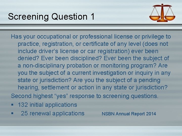 Screening Question 1 Has your occupational or professional license or privilege to practice, registration,