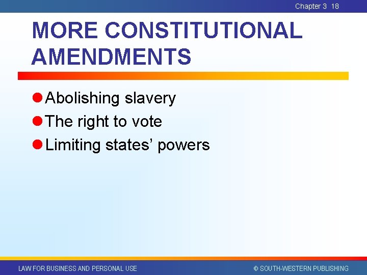 Chapter 3 18 MORE CONSTITUTIONAL AMENDMENTS l Abolishing slavery l The right to vote Chapter 3 18 MORE CONSTITUTIONAL AMENDMENTS l Abolishing slavery l The right to vote