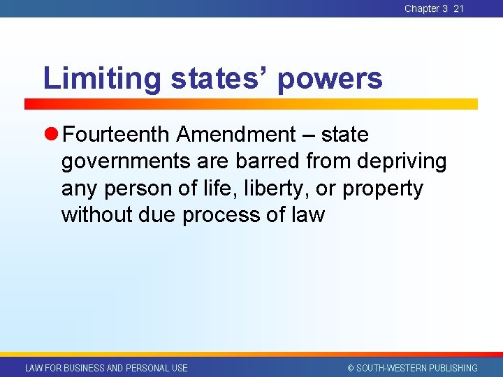 Chapter 3 21 Limiting states’ powers l Fourteenth Amendment – state governments are barred Chapter 3 21 Limiting states’ powers l Fourteenth Amendment – state governments are barred