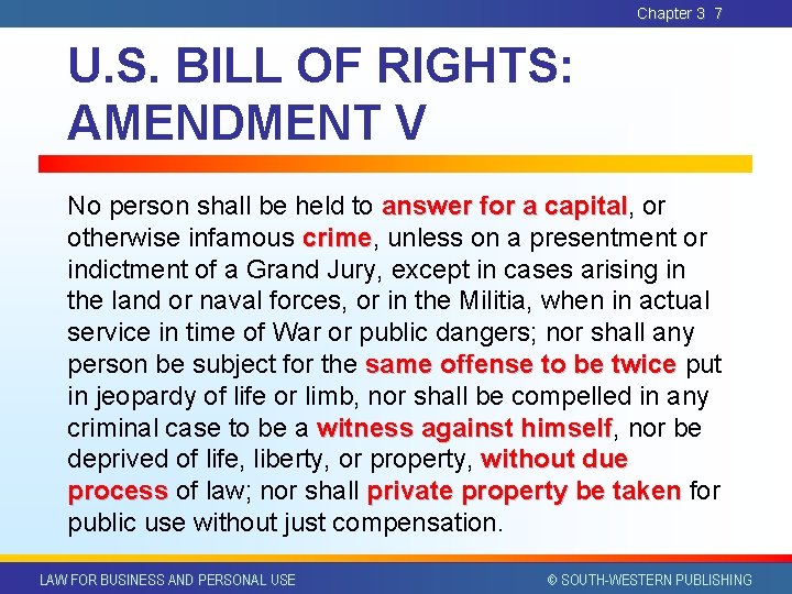 Chapter 3 7 U. S. BILL OF RIGHTS: AMENDMENT V No person shall be Chapter 3 7 U. S. BILL OF RIGHTS: AMENDMENT V No person shall be