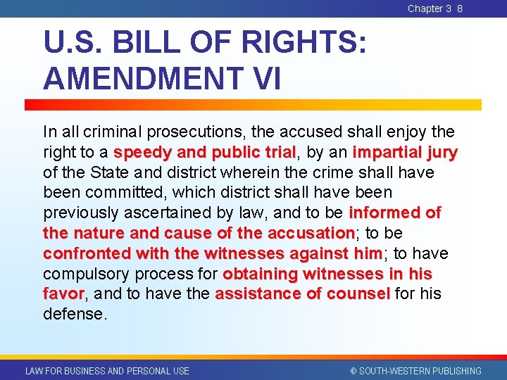 Chapter 3 8 U. S. BILL OF RIGHTS: AMENDMENT VI In all criminal prosecutions, Chapter 3 8 U. S. BILL OF RIGHTS: AMENDMENT VI In all criminal prosecutions,