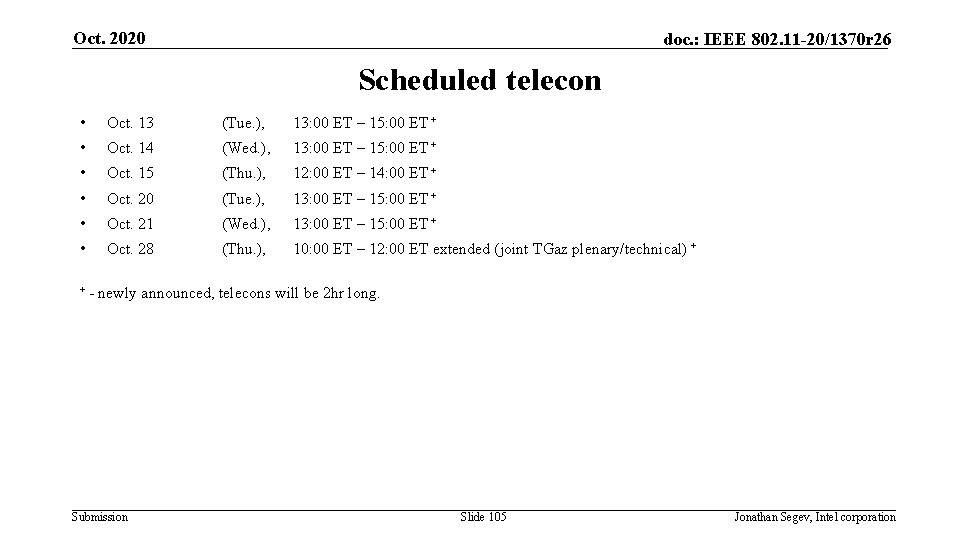 Oct. 2020 doc. : IEEE 802. 11 -20/1370 r 26 Scheduled telecon • Oct.