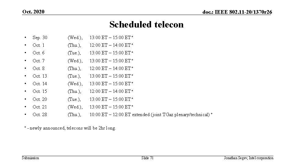 Oct. 2020 doc. : IEEE 802. 11 -20/1370 r 26 Scheduled telecon • Sep.