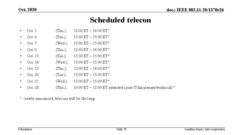 Oct. 2020 doc. : IEEE 802. 11 -20/1370 r 26 Scheduled telecon • Oct.