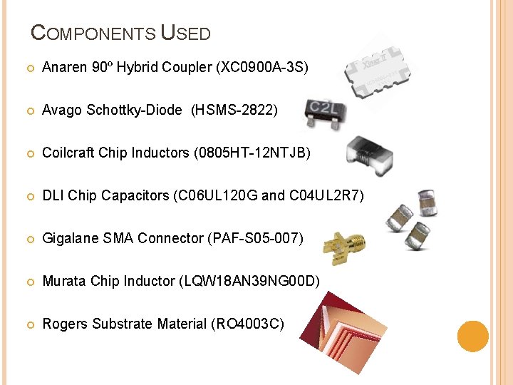 COMPONENTS USED Anaren 90º Hybrid Coupler (XC 0900 A-3 S) Avago Schottky-Diode (HSMS-2822) Coilcraft