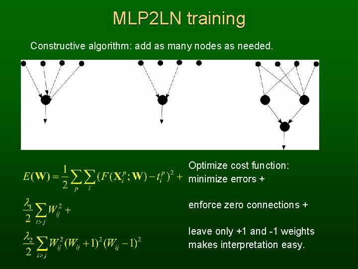 MLP 2 LN training Constructive algorithm: add as many nodes as needed. Optimize cost
