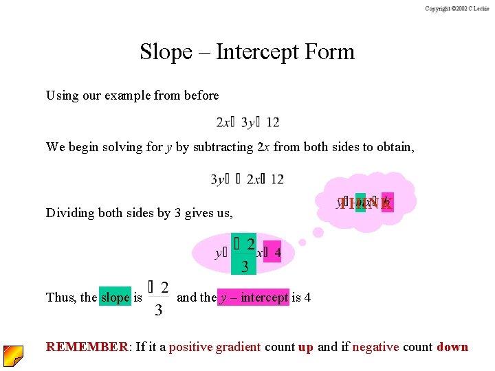 Slope – Intercept Form Using our example from before We begin solving for y