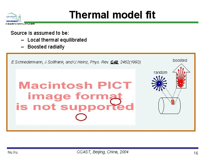Thermal model fit //Talk/2004/07 USTC 04/NXU_USTC_8 July 04// Source is assumed to be: –