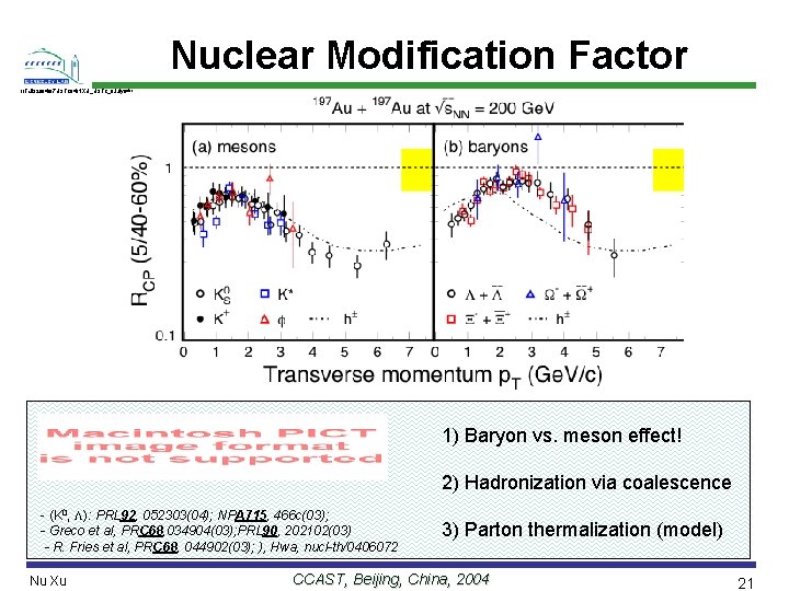 Nuclear Modification Factor //Talk/2004/07 USTC 04/NXU_USTC_8 July 04// 1) Baryon vs. meson effect! 2)