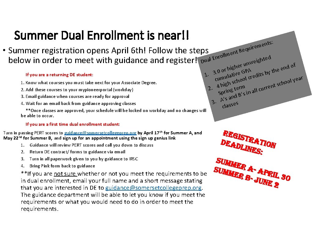 Summer Dual Enrollment is near!! s: t n e em equir • Summer registration