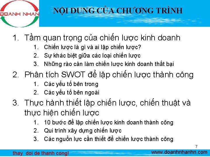 NỘI DUNG CỦA CHƯƠNG TRÌNH 1. Tầm quan trọng của chiến lược kinh doanh