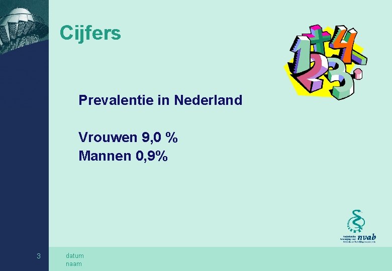 Cijfers Prevalentie in Nederland Vrouwen 9, 0 % Mannen 0, 9% 3 datum naam