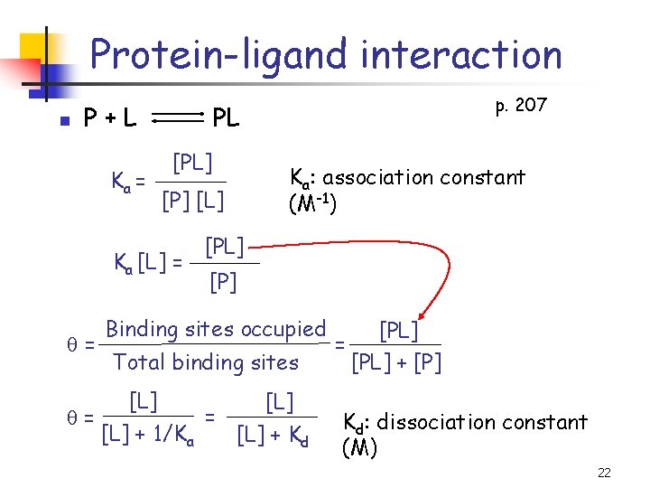 Protein-ligand interaction n P+L Ka = PL [PL] [P] [L] Ka [L] = =