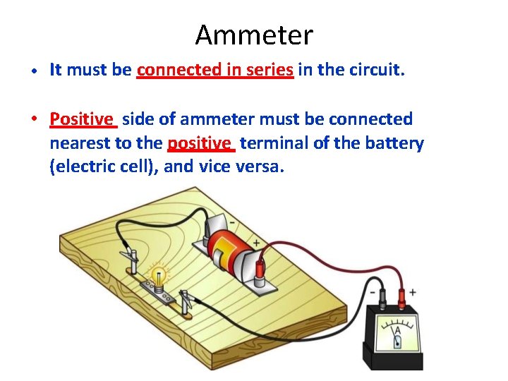 Ammeter • It must be connected in series in the circuit. • Positive side