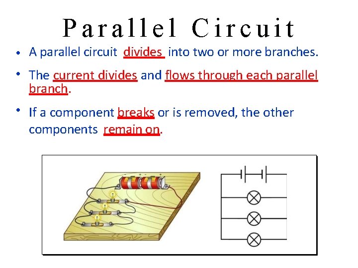 Parallel Circuit • A parallel circuit divides into two or more branches. • The