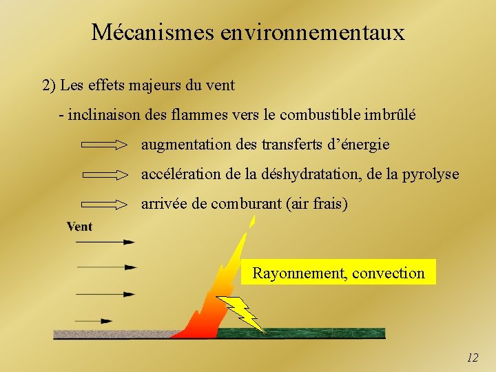 Mécanismes environnementaux 2) Les effets majeurs du vent - inclinaison des flammes vers le