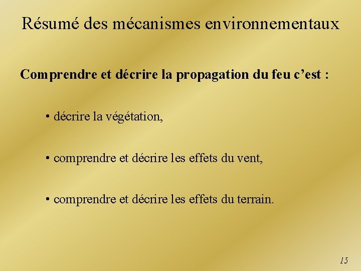 Résumé des mécanismes environnementaux Comprendre et décrire la propagation du feu c’est : •