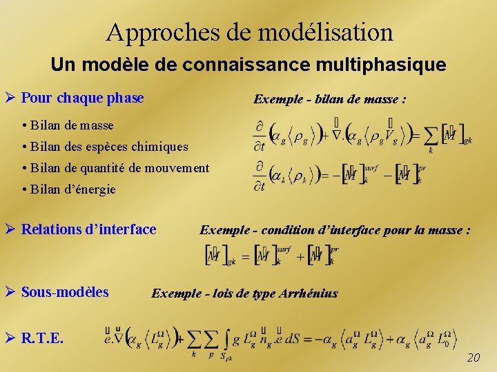 Approches de modélisation Un modèle de connaissance multiphasique Ø Pour chaque phase Exemple -