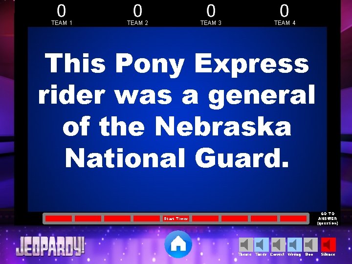 TEAM 1 TEAM 2 TEAM 3 TEAM 4 This Pony Express rider was a