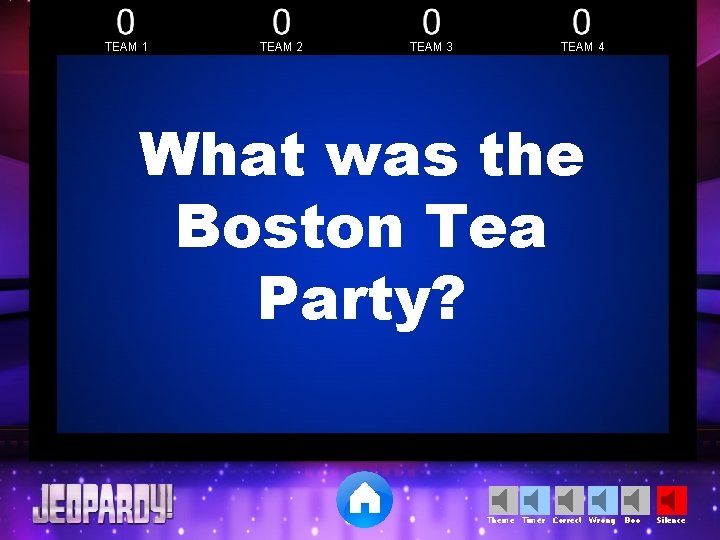 TEAM 1 TEAM 2 TEAM 3 TEAM 4 What was the Boston Tea Party?