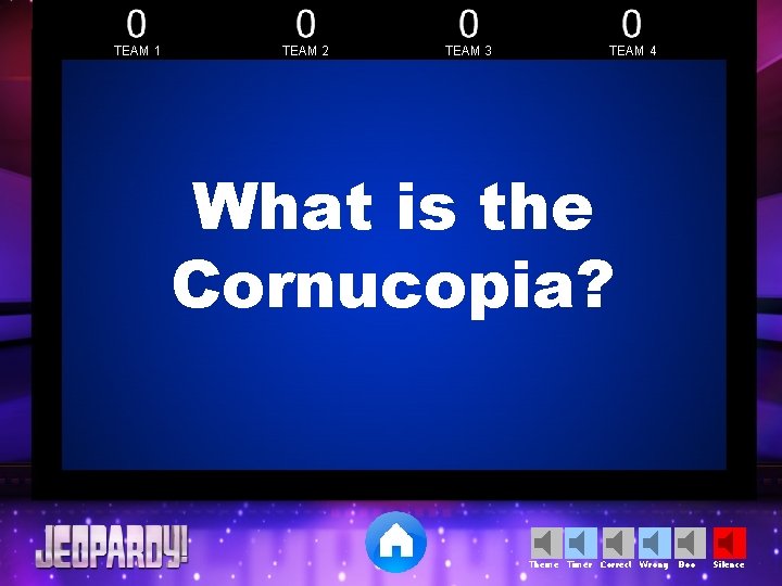 TEAM 1 TEAM 2 TEAM 3 TEAM 4 What is the Cornucopia? Theme Timer