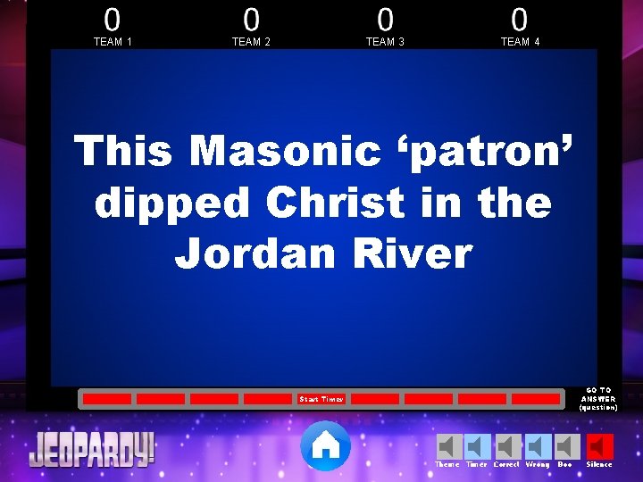 TEAM 1 TEAM 2 TEAM 3 TEAM 4 This Masonic ‘patron’ dipped Christ in TEAM 1 TEAM 2 TEAM 3 TEAM 4 This Masonic ‘patron’ dipped Christ in
