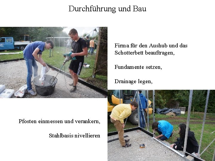 Durchführung und Bau Firma für den Aushub und das Schotterbett beauftragen, Fundamente setzen, Drainage