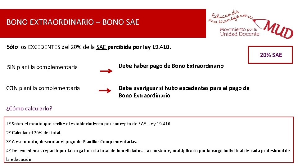 BONO EXTRAORDINARIO – BONO SAE Sólo los EXCEDENTES del 20% de la SAE percibida