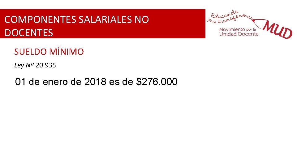 COMPONENTES SALARIALES NO DOCENTES SUELDO MÍNIMO Ley Nº 20. 935 01 de enero de