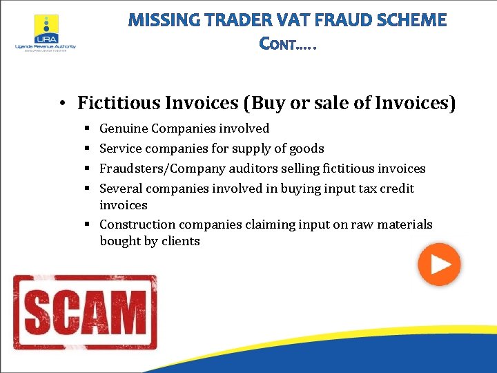 MISSING TRADER VAT FRAUD SCHEME CONT. …. • Fictitious Invoices (Buy or sale of
