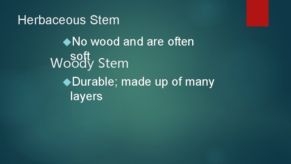 Herbaceous Stem No soft wood and are often Woody Stem Durable; made up of