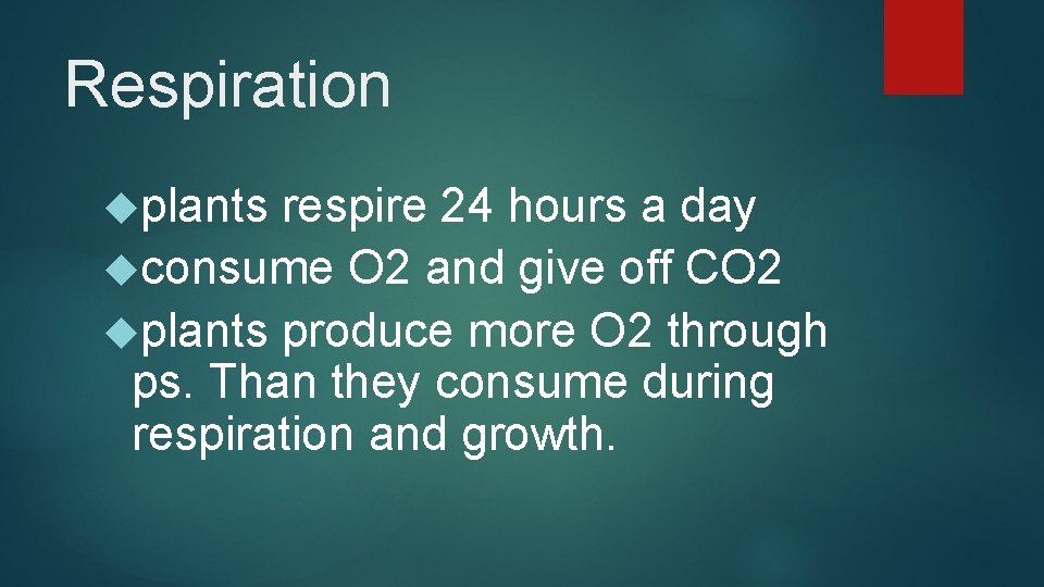 Respiration plants respire 24 hours a day consume O 2 and give off CO