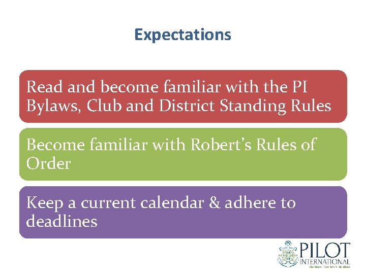 Expectations Read and become familiar with the PI Bylaws, Club and District Standing Rules