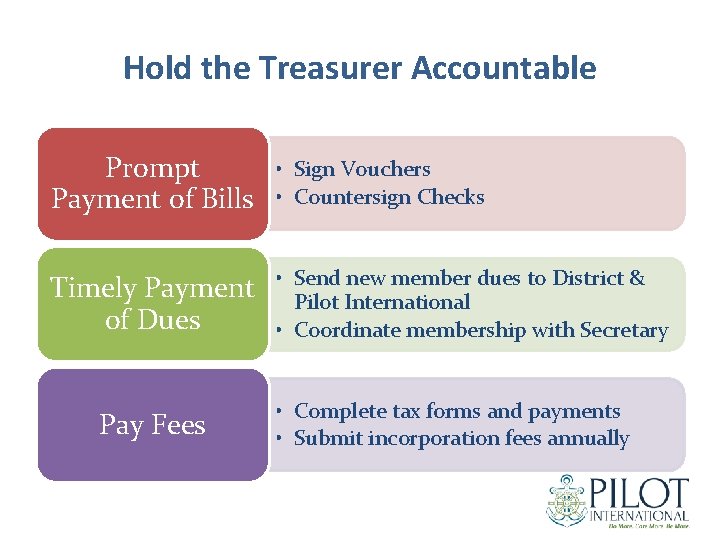 Hold the Treasurer Accountable Prompt Payment of Bills • Sign Vouchers • Countersign Checks