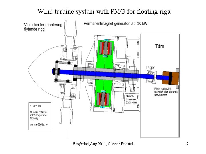 Wind turbine system with PMG for floating rigs. Vegårshei, Aug 2011, Gunnar Ettestøl 7