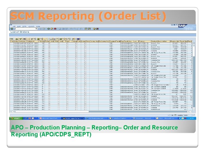 SCM Reporting (Order List) APO – Production Planning – Reporting– Order and Resource Reporting