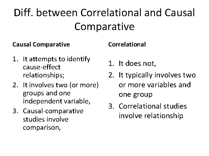 Diff. between Correlational and Causal Comparative 1. It attempts to identify cause-effect relationships; 2.