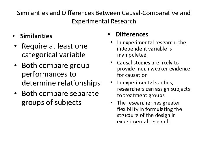 Similarities and Differences Between Causal-Comparative and Experimental Research • Similarities • Require at least