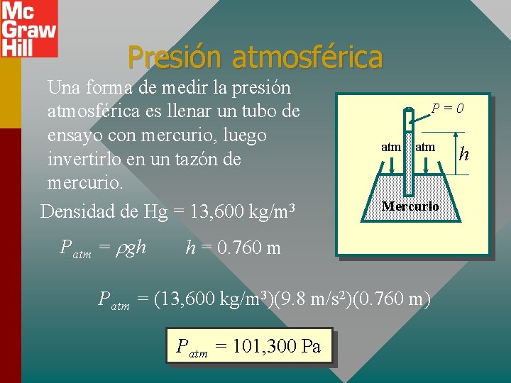 Presión atmosférica Una forma de medir la presión atmosférica es llenar un tubo de