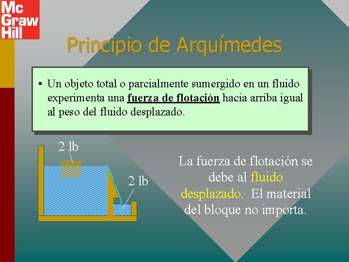 Principio de Arquímedes • Un objeto total o parcialmente sumergido en un fluido experimenta