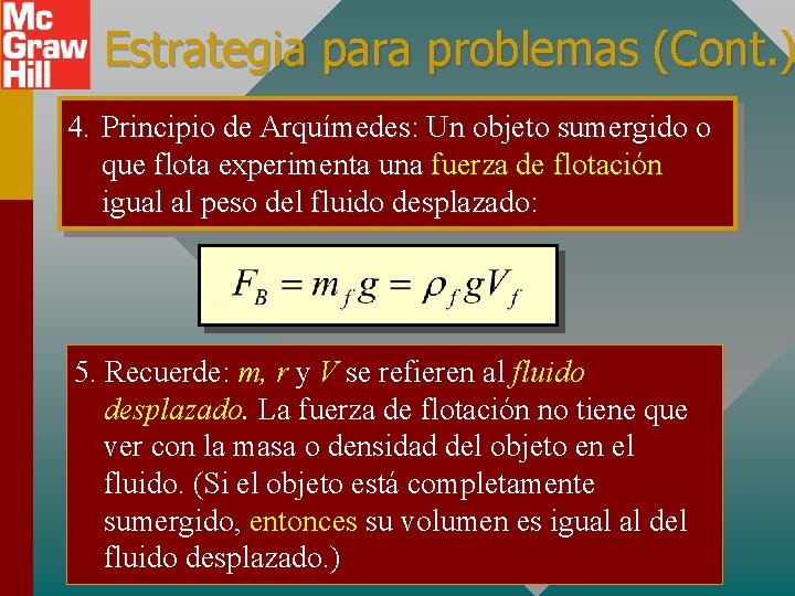 Estrategia para problemas (Cont. ) 4. Principio de Arquímedes: Un objeto sumergido o que