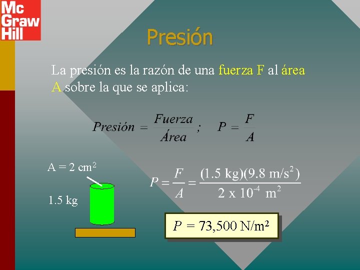 Presión La presión es la razón de una fuerza F al área A sobre