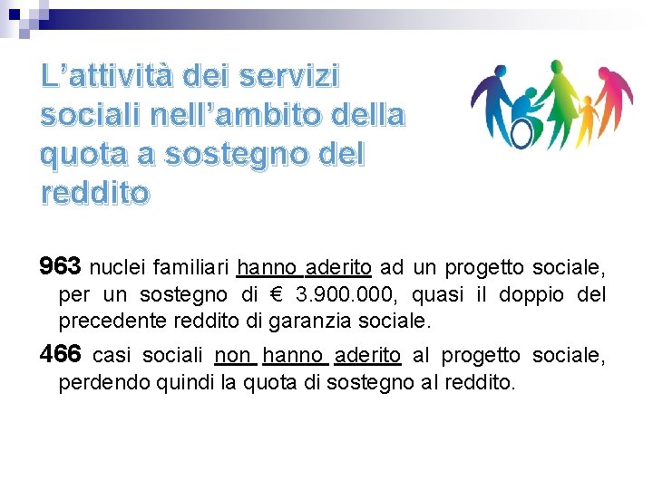 L’attività dei servizi sociali nell’ambito della quota a sostegno del reddito 963 nuclei familiari