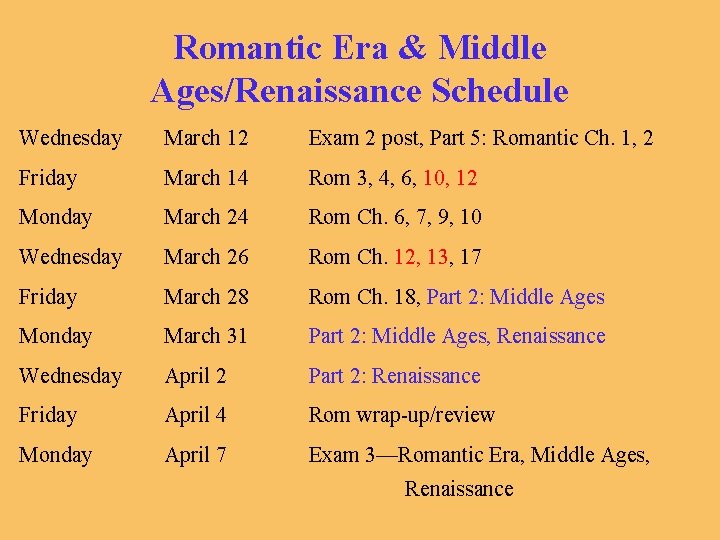 Romantic Era & Middle Ages/Renaissance Schedule Wednesday March 12 Exam 2 post, Part 5: