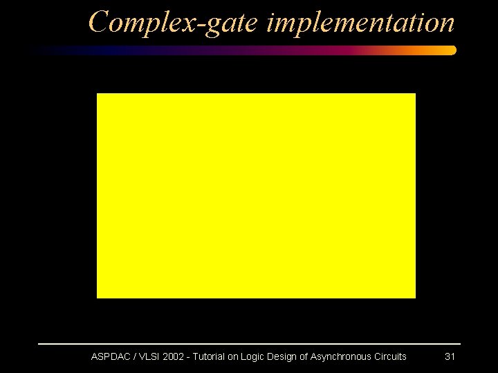 Complex-gate implementation ASPDAC / VLSI 2002 - Tutorial on Logic Design of Asynchronous Circuits Complex-gate implementation ASPDAC / VLSI 2002 - Tutorial on Logic Design of Asynchronous Circuits
