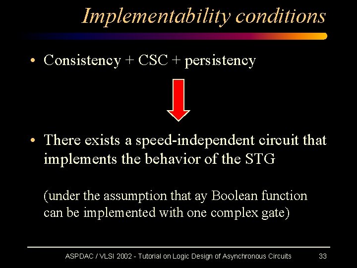 Implementability conditions • Consistency + CSC + persistency • There exists a speed-independent circuit Implementability conditions • Consistency + CSC + persistency • There exists a speed-independent circuit