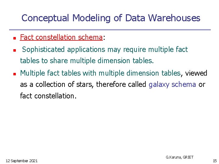 Conceptual Modeling of Data Warehouses n n Fact constellation schema: Sophisticated applications may require
